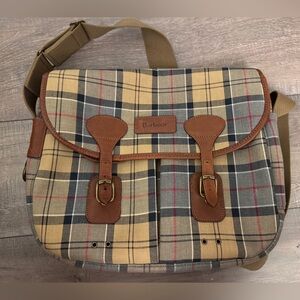 🌟Real Vintage Barbour Tartan Messenger Bag Plaid Canvas Leather Trim Crossbody